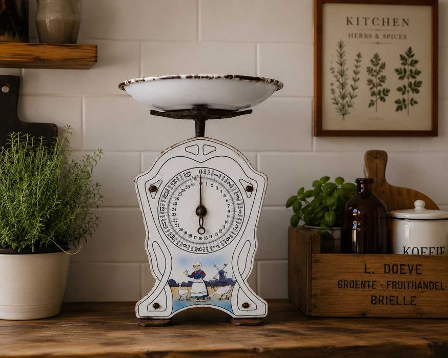Antyczna Waga Kuchenna 15 kg Holandia Emalia Żeliwo Vintage Retro