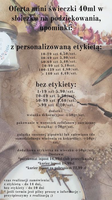 Świeczki upominki podziękowania dla gości komunia ślub wesele itp