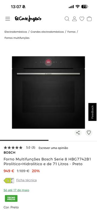 Forno Multifunções Bosch Serie 8 HBG7742B1 Pirolítico+Hidrolítico