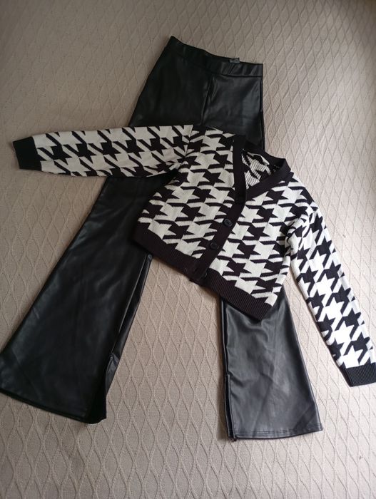 H&M czarno-biały komplet 12-14 skórzane spodnie flare kardigan trampki