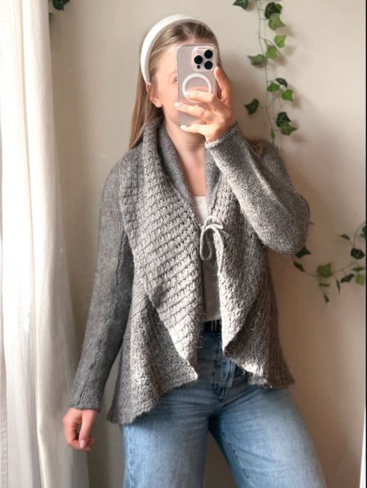 Wiązany kardigan sweter mięsisty narzucany szary z alpaką sandwich s