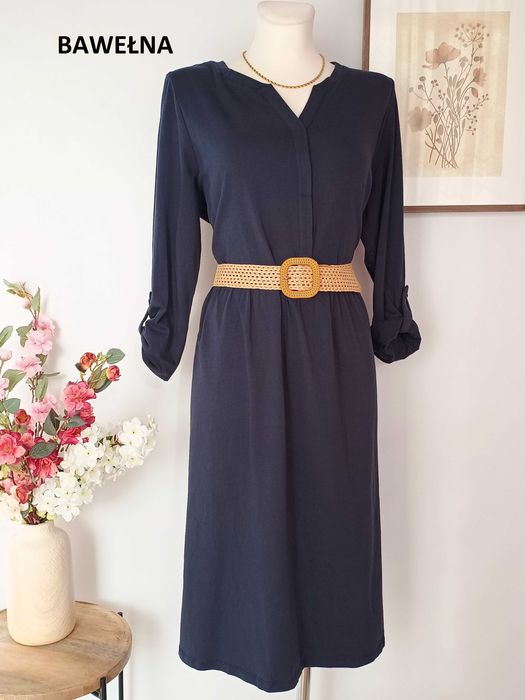 Granatowa sukienka midi gładka dresowa długi rękaw ciążowa XXL 3XL