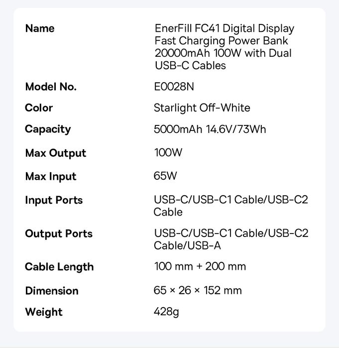 Повербанк 100W BASEUS 20000mAh EnerFill FC41 з 2 кабелями Power Bank