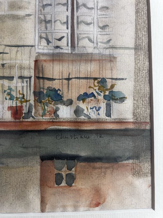 Quadro original em aquarela – Fachada com varandas e plantas