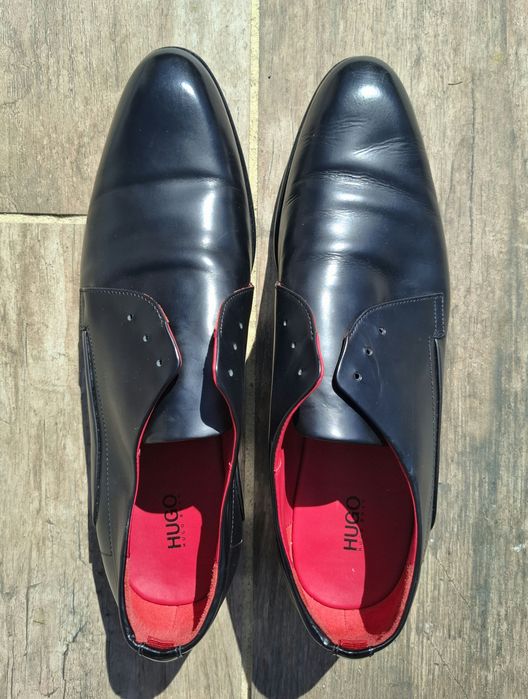 Weselne HUGO Boss skórzane loafersy mokasyny męskie czarne 44 UK10