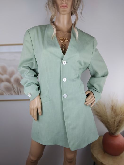 Wełniana marynarka pastelowa żakiet narzutka płaszczyk elegancki L 40