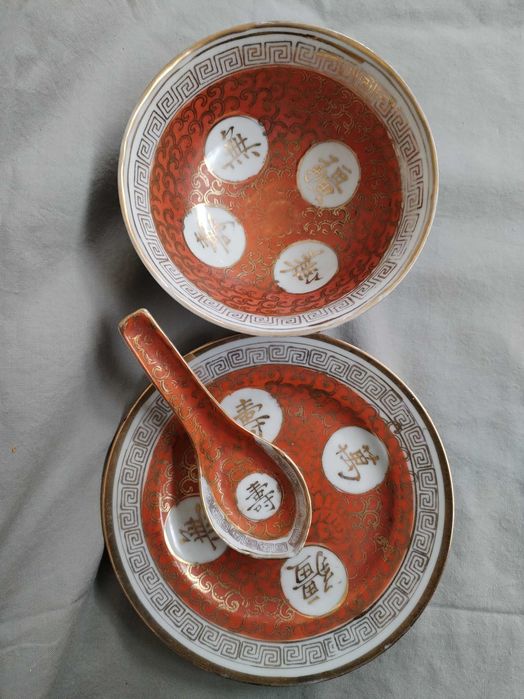 Conjunto Macau , taça , prato e colher