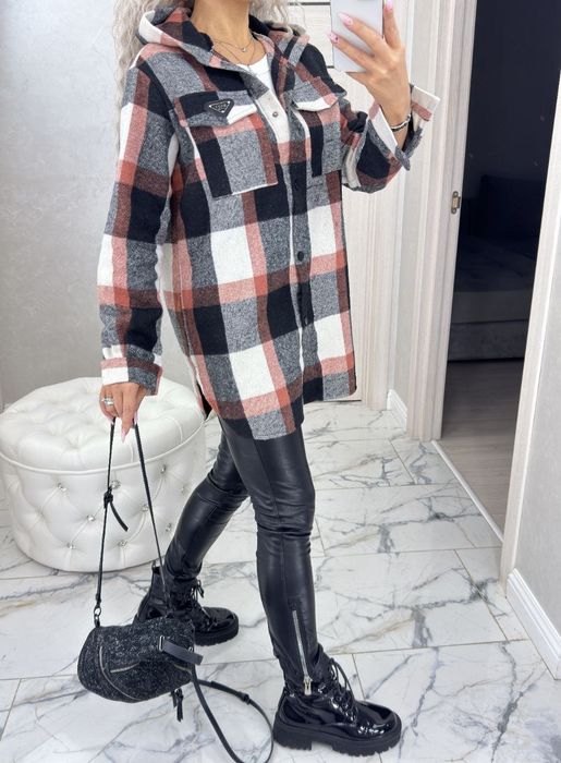 Трендовая рубашка оверсайз в клетку с капюшоном.  42-60р