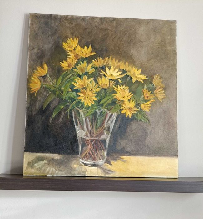 Kwiaty topinamburu, obraz olejny n juża płótnie, 56x60 cm