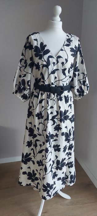 Reserved r.L Limited Collection kremowa sukienka w czarne kwiaty, bawełna