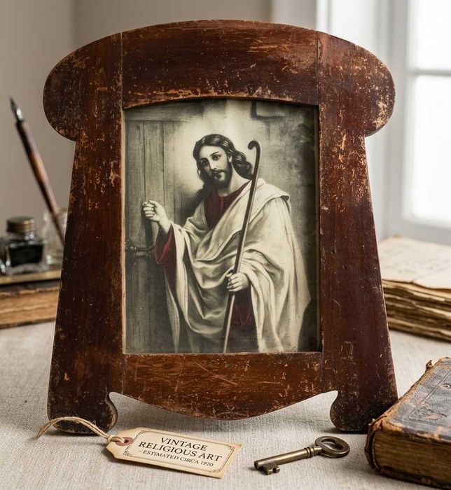Wyjątkowy obraz "Jezus u drzwi" – Vintage, Unikalna Rama!