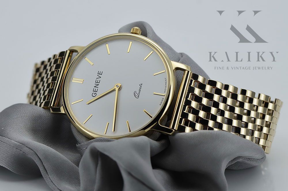 Złoty zegarek męski Biała tarcza14k 585 Geneve mw004ydw&mbw005y