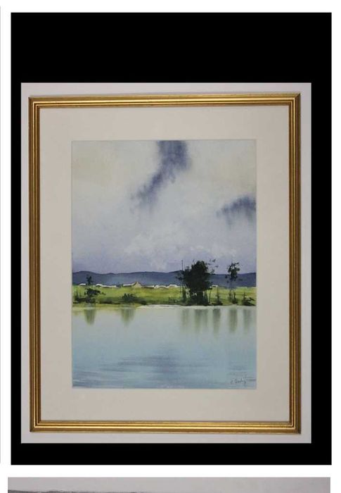 obraz akwarela pejzaż     rzeka sygnowany