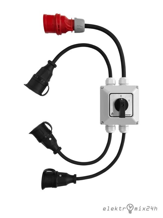 Przejściówka z wyłącznikiem 0-1, gniazda 3x230V | wtyczka 16A 5P 400V