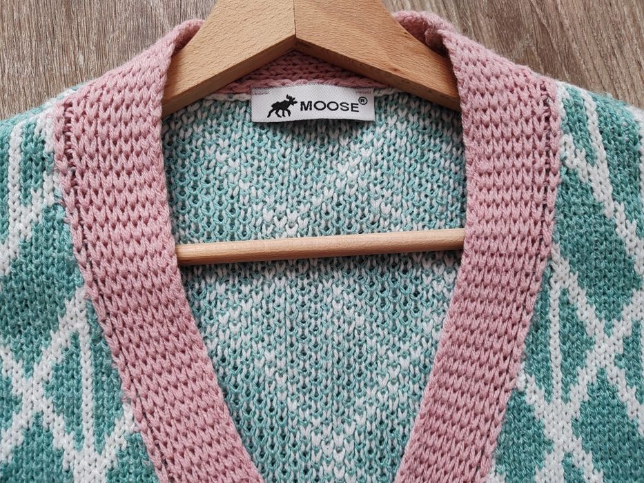 Miętowy sweter rozpinany damski kardigan geometryczny wzór  Moose M