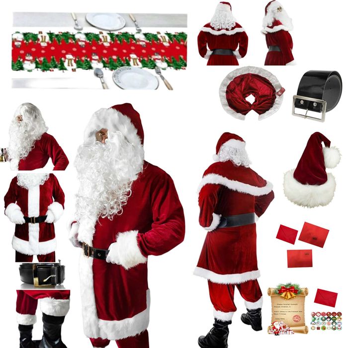 welurowy strój zestaw MIKOŁAJA Burgund L-3XL List + Bieżnik na stół