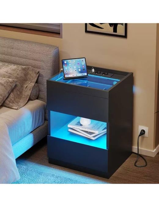 Stolik nocny ze stacją ładującą i lampkami LED, stolik nocny