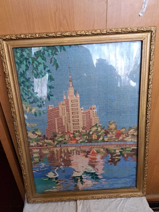 Картина, Вышитая, ручная работа, стекло, рама, рамка, архитектура