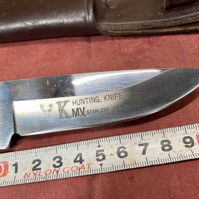 Охотничий нож K.M.V. Hunting Knife, Stainless Japan, кожаный чехол — винтаж