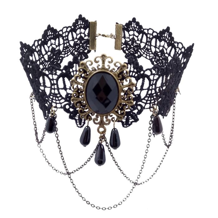 Gotycki koronkowy choker z czarnym kryształem i łańcuszkami - retro