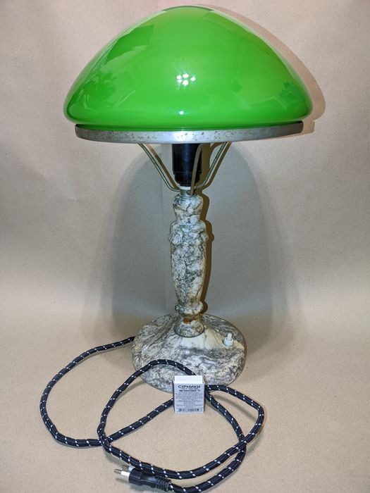 Настольная лампа мраморная с зелёным абажюром Сталинский ампир СССР