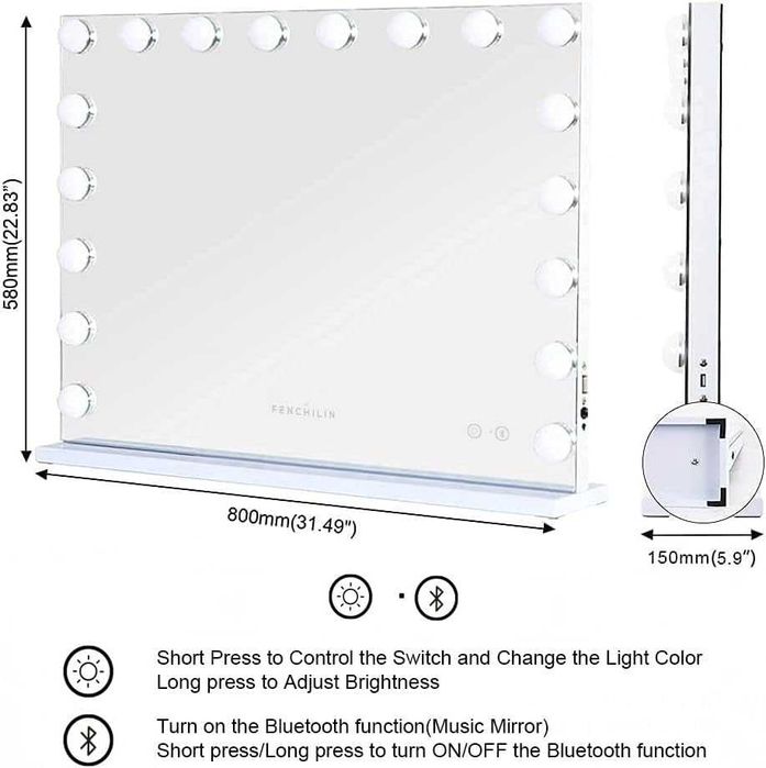Duże lustro hollywood 80x60cm głośnik 18 diod led usb 3 kolory światła
