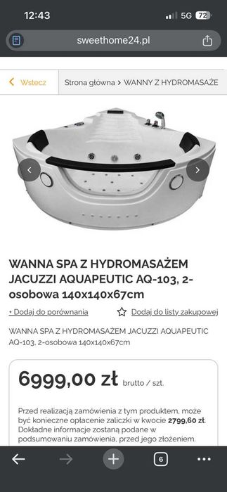 Sprzedam wanne z hydromasażem model Aquapeutic AQ-103.