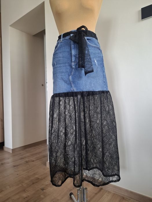 Spódnica maxi jeans dżins koronka boho festival style ghotic avangarde y2k denim skirt rozm.34