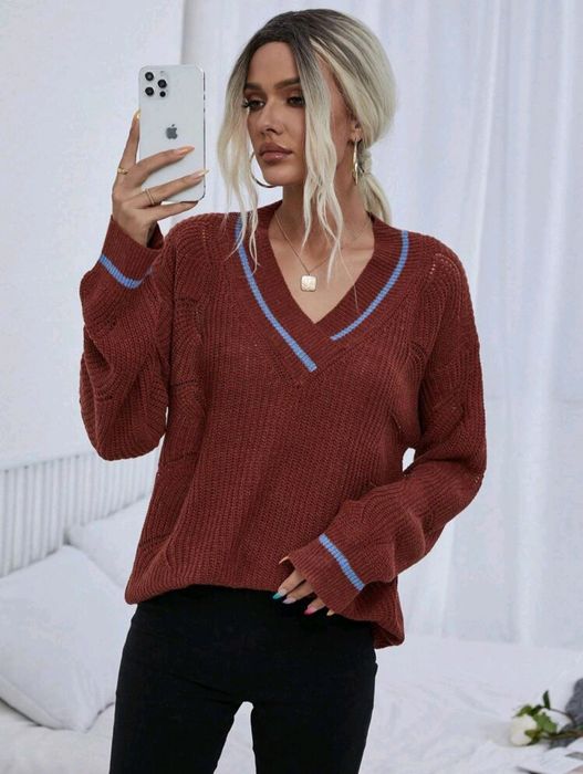 SHEIN LUNE Suéter Feminino Com Acabamento Em Bloco Colorido E Ombro Ca