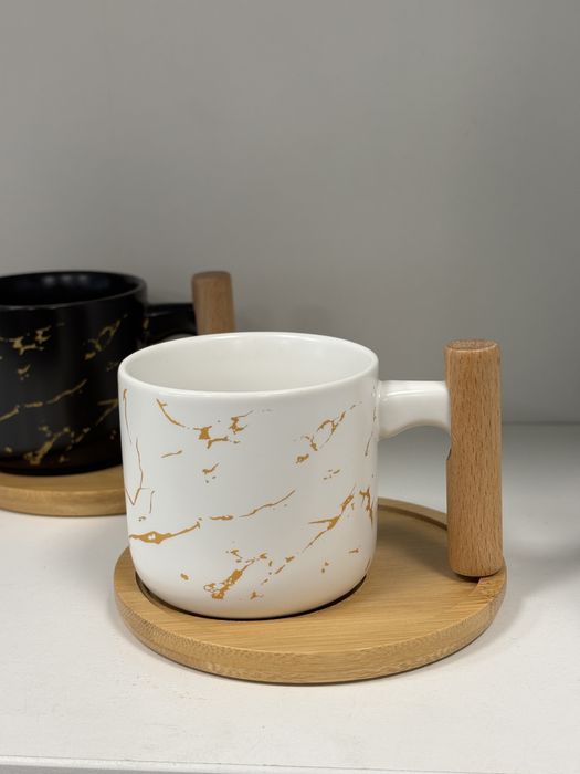 Filiżanka z podstawką czarna biała bambus Nowe