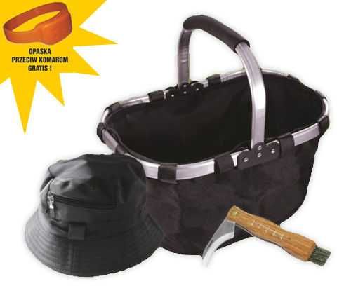 NIEZBĘDNIK GRZYBIARZA ZESTAW nóż koszyk czapka opaska przeciwkomarowa