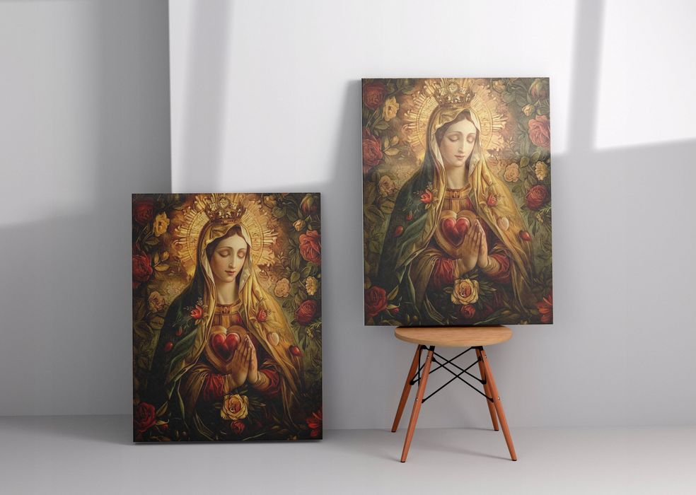 Obraz na płótnie "Serce Maryi w Otoczeniu Kwiatów" 45x60 cm
