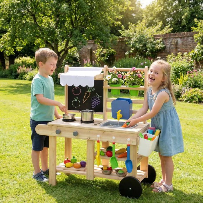 Cozinha Infantil Exterior de Madeira com Rodas Água Real Vasos Quadro e 15 Acessórios amarelo