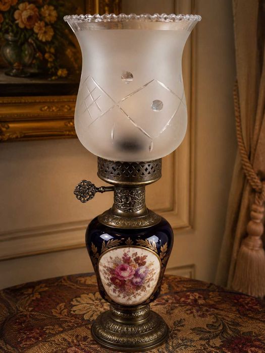 Candeeiro Antigo Decorativo em Porcelana Azul e Metal Trabalhado - anos 50