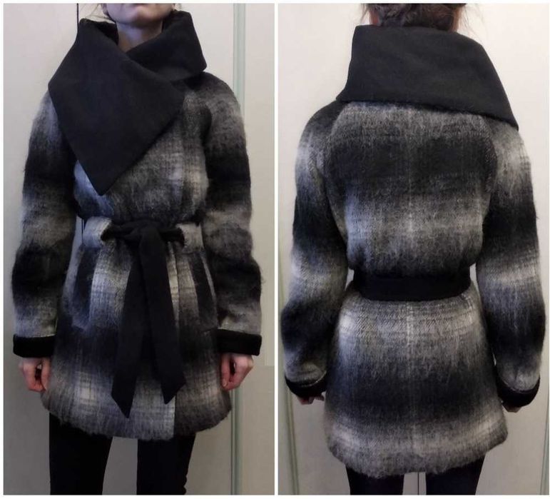 Пальто сіре в клітинку, серое пальто в клетку 30% шерсть пальто халат