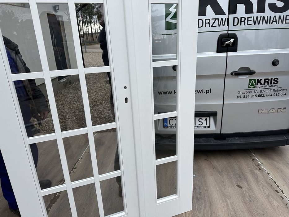 Drzwi wewnętrzne lite drewniane OD RĘKI białe dwuskrzydłowe Francuskie