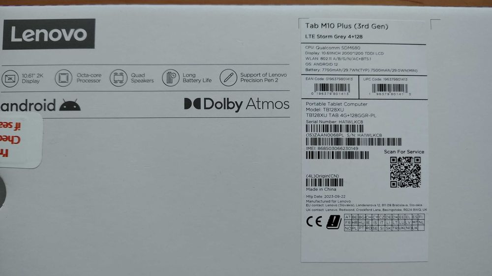 Tablet Lenovo M10 Plus 4/128GB LTE, stan idealny 100% sprawny