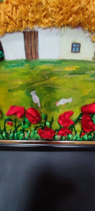 Картина ручної роботи з елементами атласних стрічок, фарб та ниток