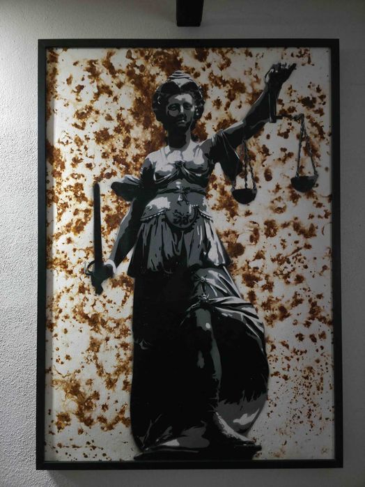 "José Sócrates" — Stencil e ferrugem sobre tela, 70x100 cm