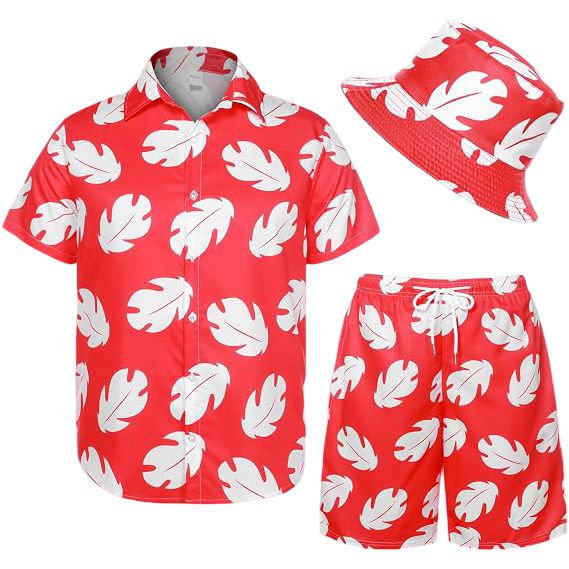 Men's Hawaiian 3-Piece Set - Shirt, Shorts, Bucket Hat - Red XL