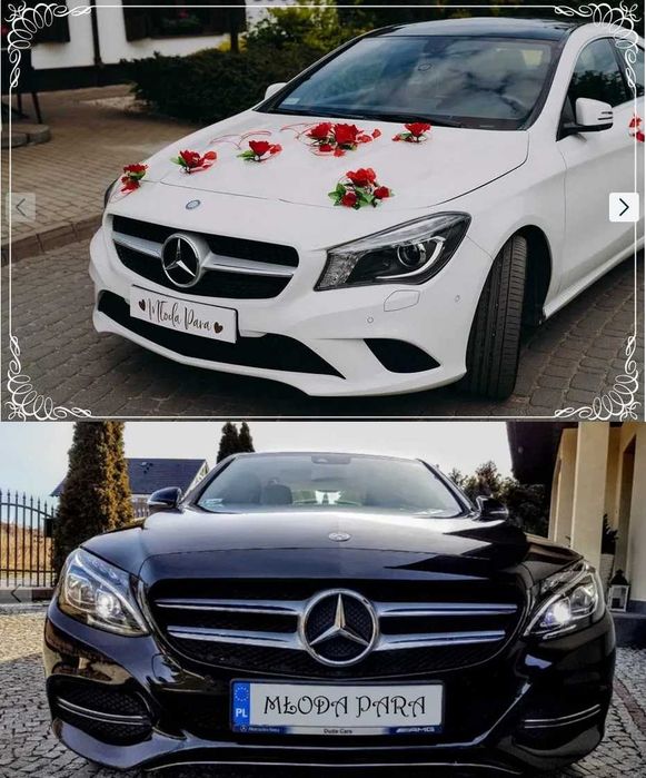 Auta do ślubu. Samochody na ślub. Biały - Mercedes CLA oraz czarny - Mercedes C klasa