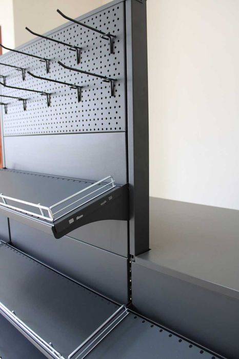 Торгові стелажі в магазин. Гачки. Каси. Полки. Торгове обладнання