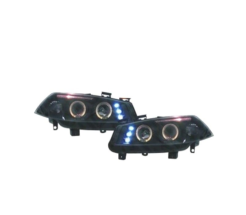 FARÓIS ANGEL EYES + LED RENAULT MEGANE 02-05 FUNDO PRETO