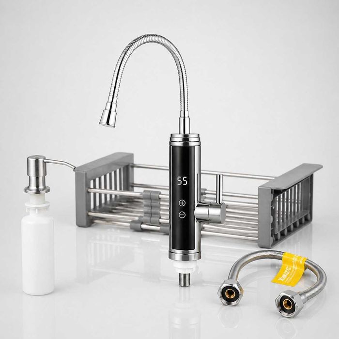 Проточный водонагреватель с гибким изливом SDS-F9TC 3,3 кВт нержавеющая сталь с дисплеем + корзина для мойки + дозатор+шланг 60см