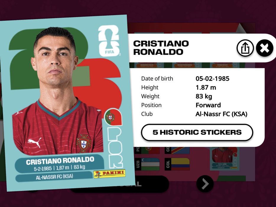 Цифрові стікери Panini World Cup 2026 (Messi, Cristiano Ronaldo, Mbappe Kane Salah Halland Yamal та інші)