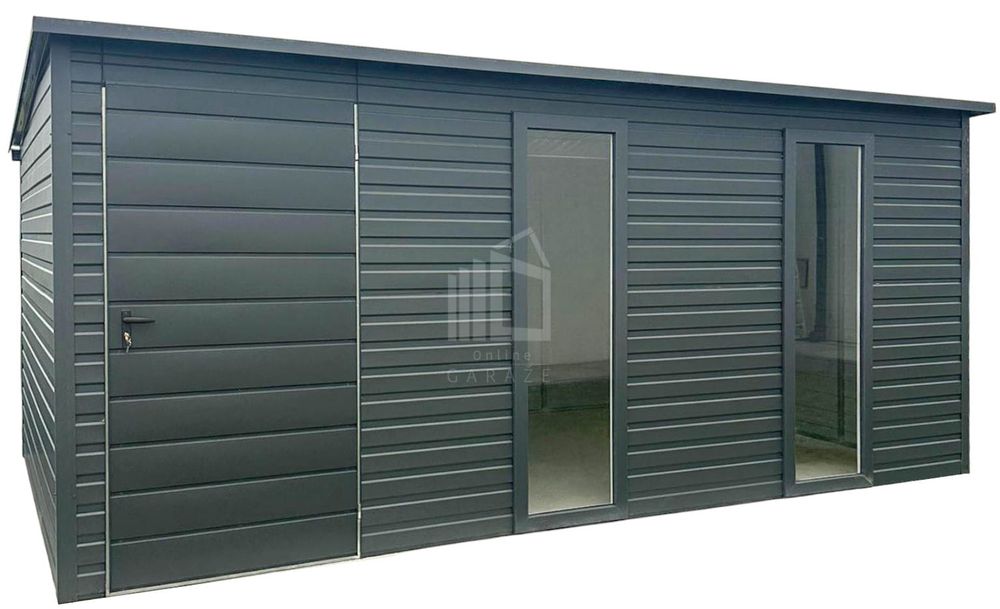 Schowek - Domek 5x2m - drzwi - 2x okno - antracyt - spad w tył ID1045