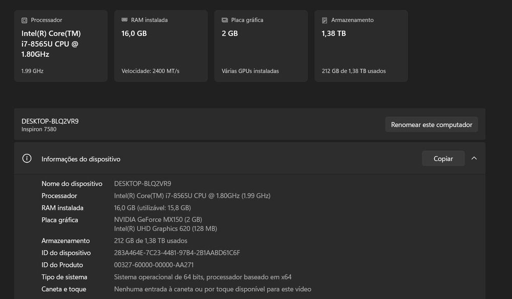 Dell Inspiron 15 7580 i7 Nvidia