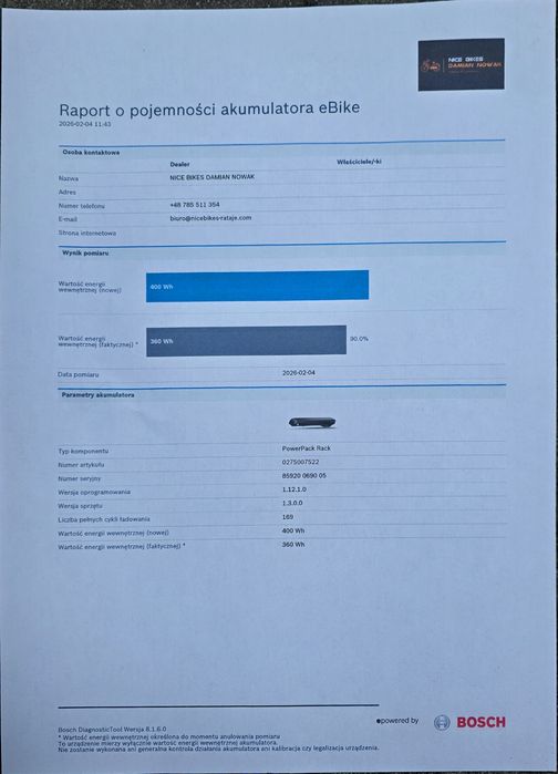 Bateria Akumulator BOSCH POWERPACK 400wh na bagażnik 169 cykli 90% spr