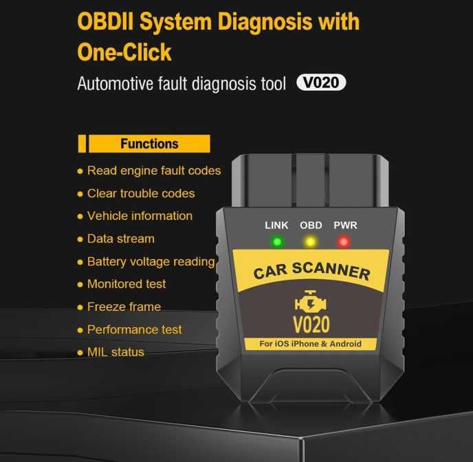 Автосканер V020 OBD2 Bluetooth діагностика авто сканер ошибок ELM327 OBDII Android iOS чек engine адаптер автодиагностика диагностический андроид эпл