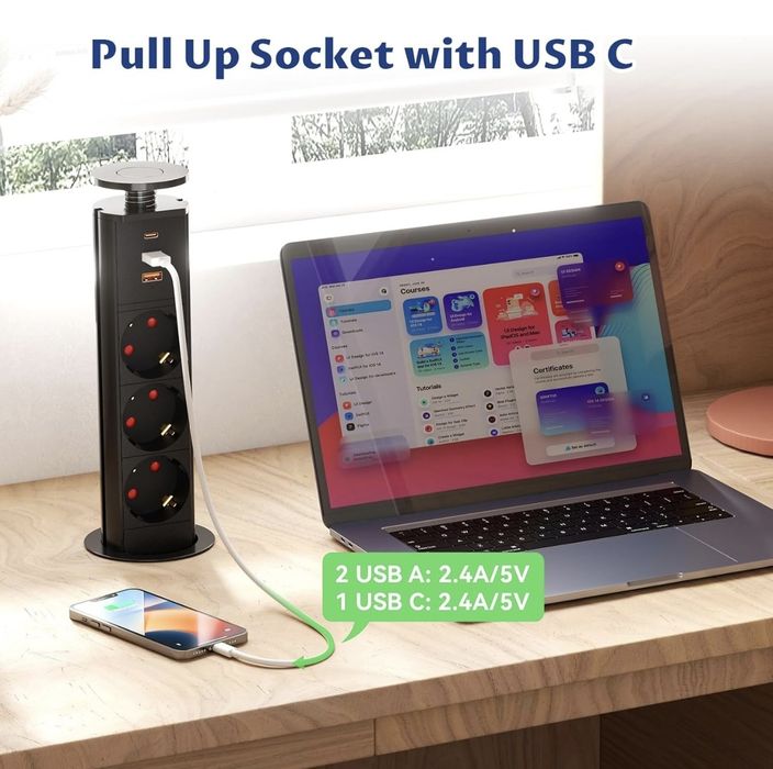 Tomada embutida retrátil de 3 tomadas com 2 × USB-A + 1 × USB-C, régua retrátil para mesa